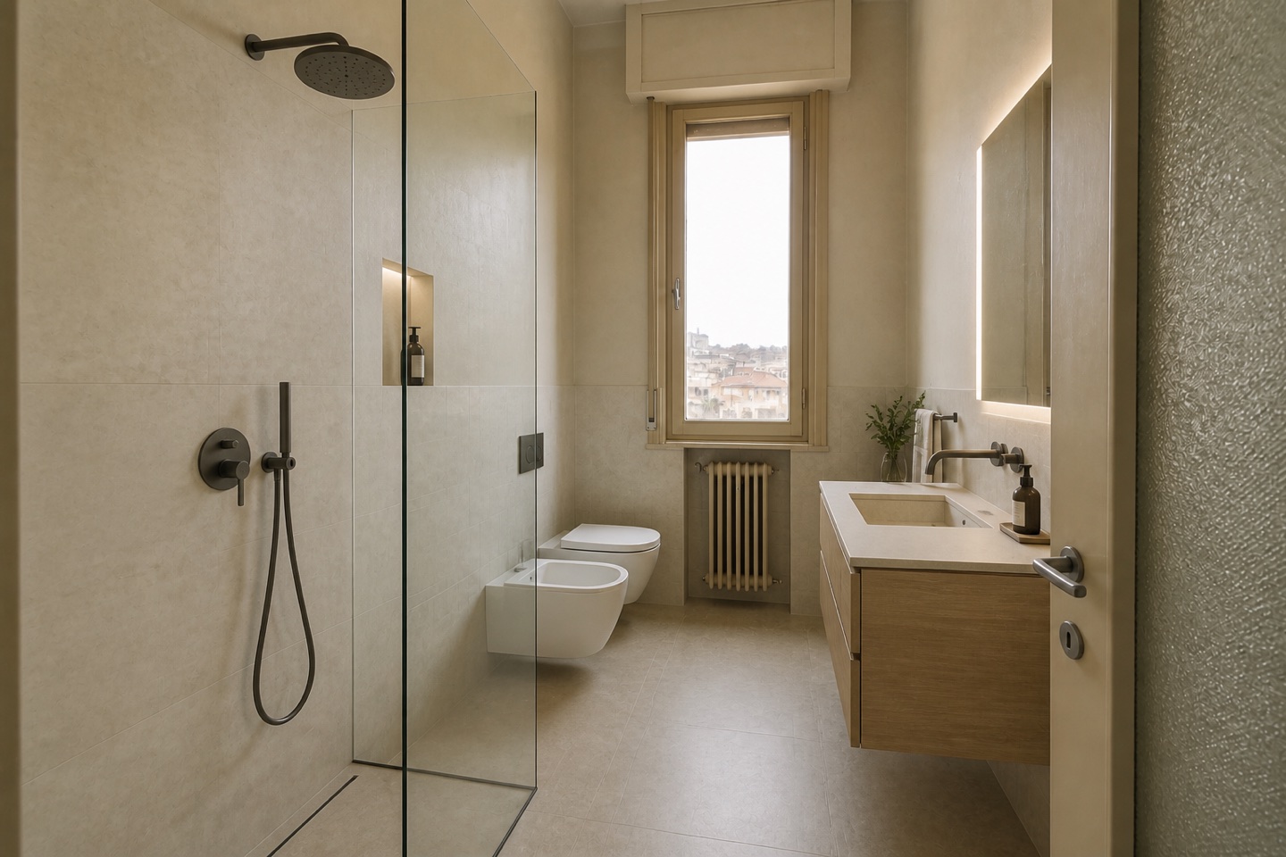 Lo stesso bagno dopo la ristrutturazione, con doccia, rovere e finiture chiare